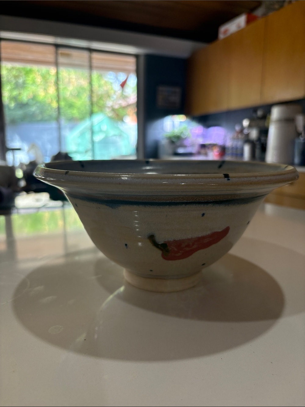 Nita Signed Hand-Painted Ceramic Bowl in Cream with Red Accent